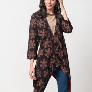 Fabindia Black  Brown Handblock Print Longline Button Shrug