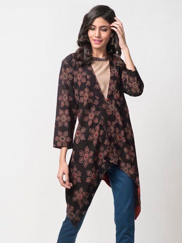 Fabindia Black  Brown Handblock Print Longline Button Shrug