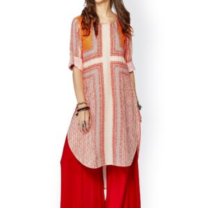 Global Desi Red  White Printed High-Low Kurta