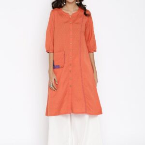 Global Desi Women Orange Woven A-Line Kurta