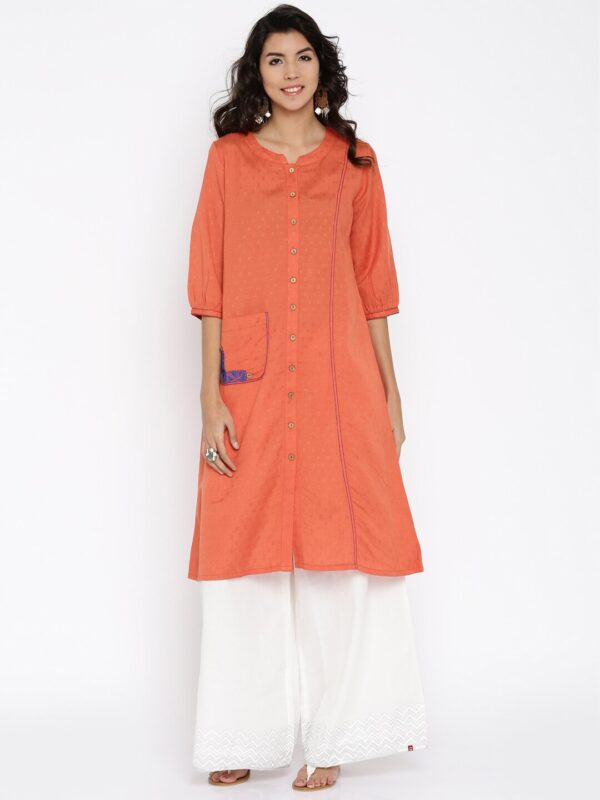 Global Desi Women Orange Woven A-Line Kurta