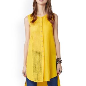 Global Desi Mustard Yellow Lace High-Low Kurta