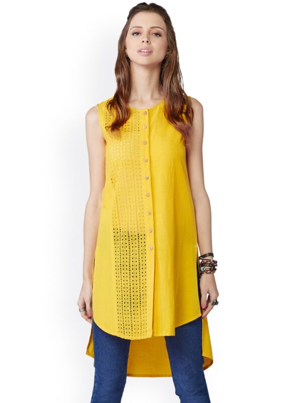 Global Desi Mustard Yellow Lace High-Low Kurta