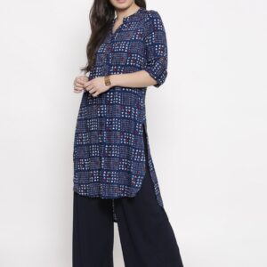 Global Desi Women Navy Blue  White Printed Straight High-Low Hem Kurta