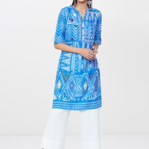 Global Desi Women Blue and White Printed A-Line Kurta