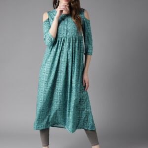 HERENOW Women Green  Blue Printed Cold Shoulder A-Line Kurta