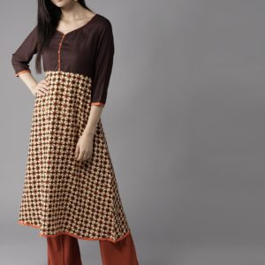 HERENOW Women Beige  Brown Printed A-Line Kurta