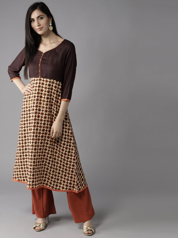 HERENOW Women Beige  Brown Printed A-Line Kurta