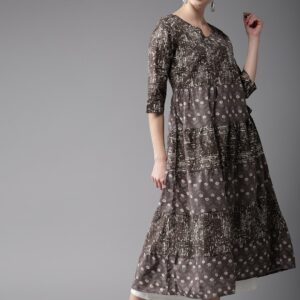 HERENOW Women Taupe Printed Angrakha Anarkali Kurta