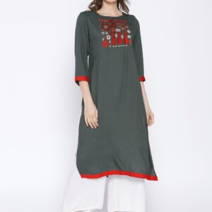 HERENOW Women Charcoal Grey Yoke Design Straight Kurta