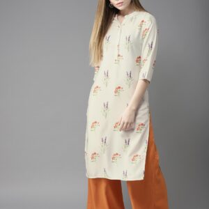 HERENOW Women Off-White  Orange Floral Print Straight Kurta