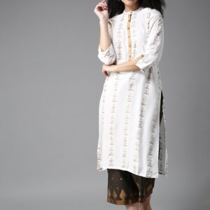 HERENOW Women White  Golden Printed Straight Kurta