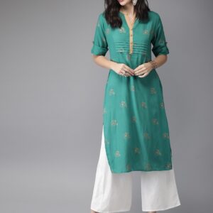 HERENOW Women Teal Green  Gold-Coloured Quirky Print Straight Kurta