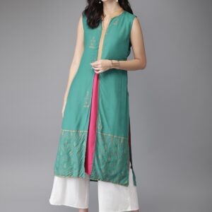 HERENOW Women Teal Green  Pink Solid High-Slit Straight Kurta