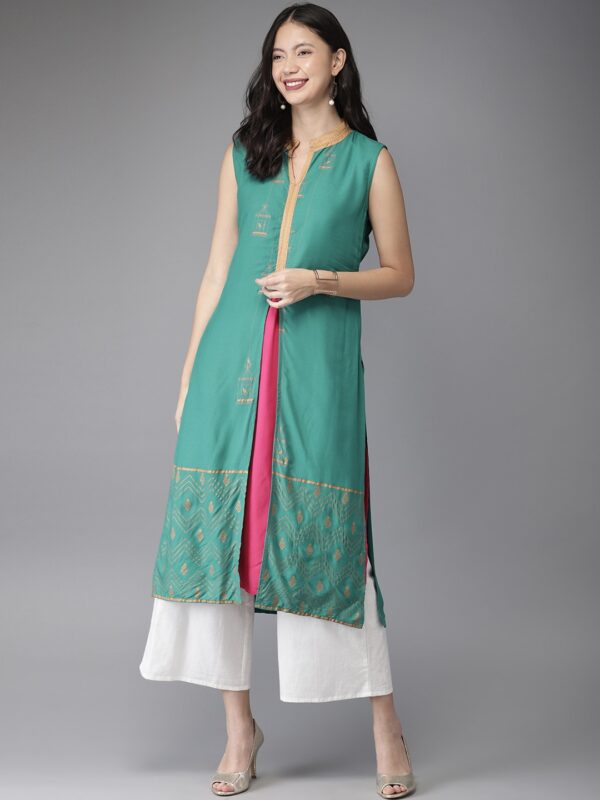 HERENOW Women Teal Green  Pink Solid High-Slit Straight Kurta