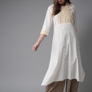 HERENOW Women White  Beige Printed Asymmetric A-Line Kurta