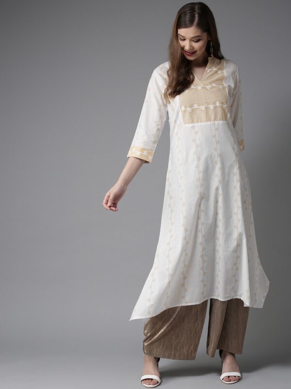 HERENOW Women White  Beige Printed Asymmetric A-Line Kurta