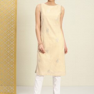 House of Pataudi Women Beige Self-Striped Straight Kurta with Sequin Emroidery