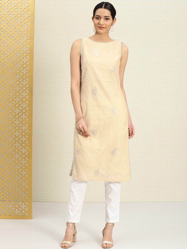 House of Pataudi Women Beige Self-Striped Straight Kurta with Sequin Emroidery