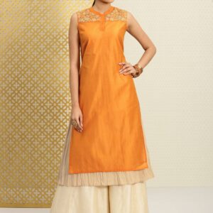 House of Pataudi Women Orange  Beige Yoke Design A-Line Layered Kurta