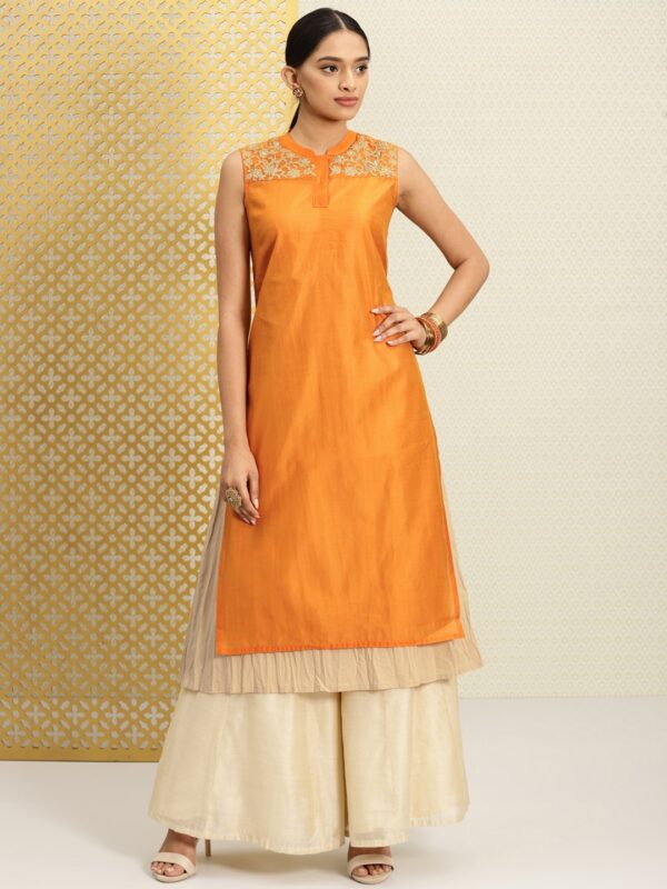 House of Pataudi Women Orange  Beige Yoke Design A-Line Layered Kurta