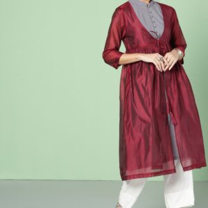 House of Pataudi Women Maroon  Grey Solid A-Line Kurta