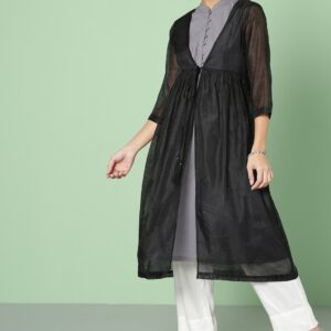 House of Pataudi Women Black  Grey Solid A-Line Kurta