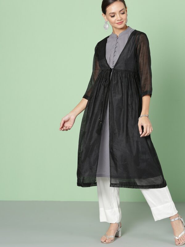 House of Pataudi Women Black  Grey Solid A-Line Kurta