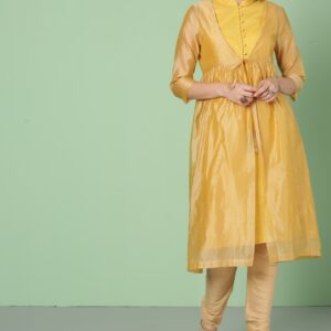 House of Pataudi Women Mustard Yellow Solid A-Line Kurta