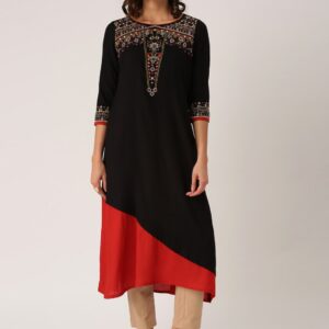 IMARA Women Black  Red Yoke Design A-Line Kurta