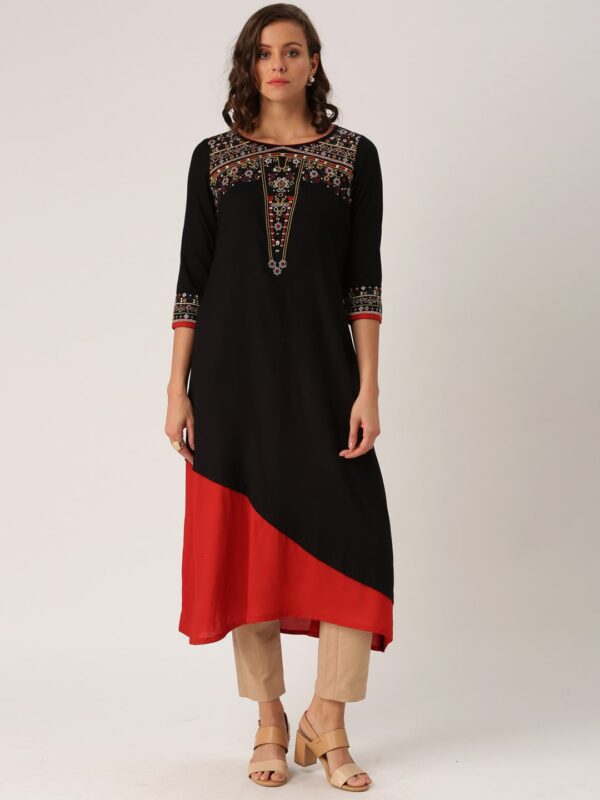 IMARA Women Black  Red Yoke Design A-Line Kurta