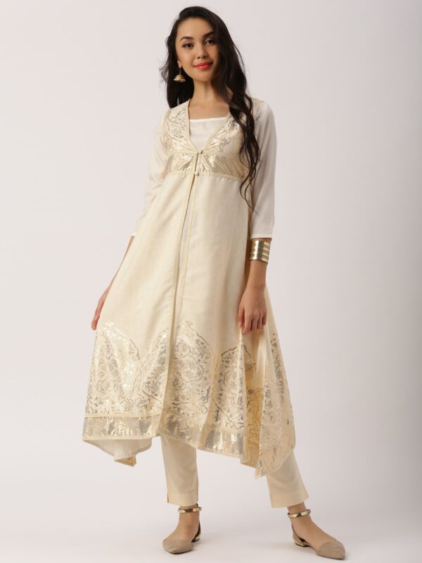 IMARA Women Beige Printed Asymmetric A-Line Kurta