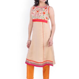 Indian Ink Women Yellow Embroidered Silk A-Line Kurta