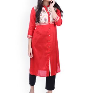 Indian Ink Women Red  Beige Printed Silk Straight Kurta