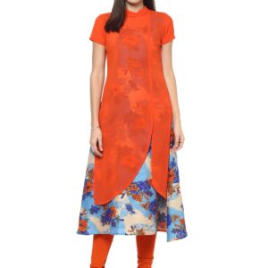 Libas Women Orange  Blue Georgette Printed Layered A-Line Kurta