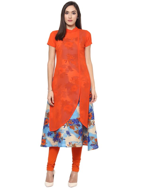 Libas Women Orange  Blue Georgette Printed Layered A-Line Kurta