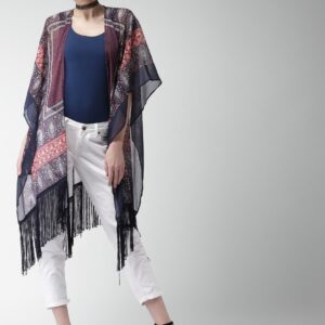 Love Genration Navy Blue Printed Open-Front Shrug with Fringes