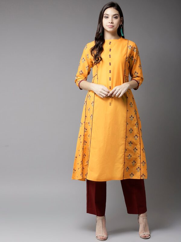 Moda Rapido Women Mustard Yellow Printed A-Line Kurta