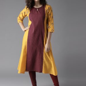 Moda Rapido Women Yellow  Burgundy Colourblocked A-Line Kurta