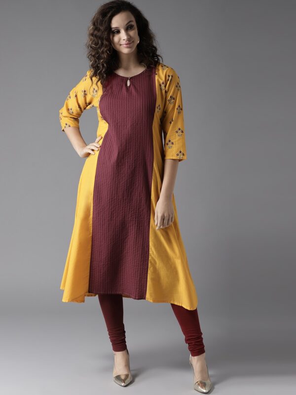 Moda Rapido Women Yellow  Burgundy Colourblocked A-Line Kurta