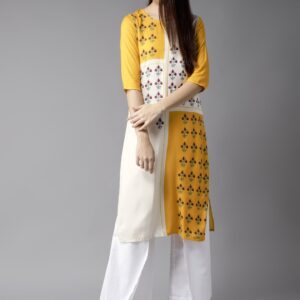 Moda Rapido Women Yellow  White Block Print Straight Kurta