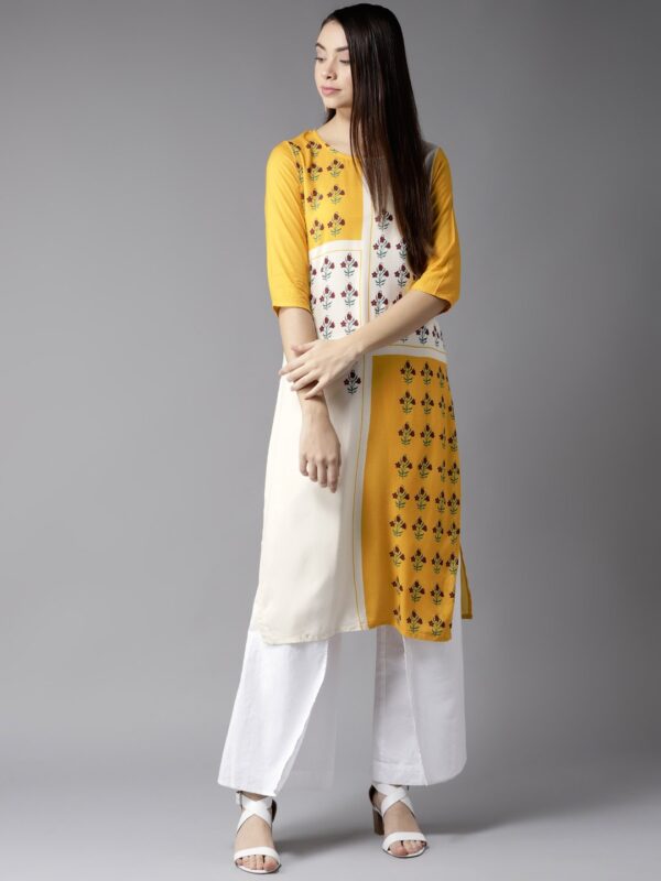 Moda Rapido Women Yellow  White Block Print Straight Kurta