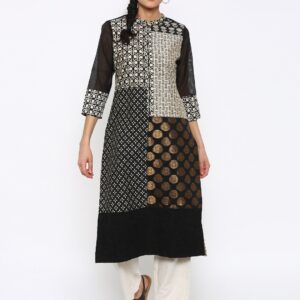 Melange by Lifestyle Women Black  Beige Printed A-Line Kurta