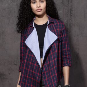 Roadster Navy Blue  Red Checked Lapel Shrug