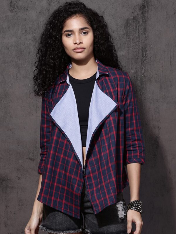 Roadster Navy Blue  Red Checked Lapel Shrug