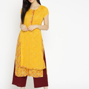 Rangriti Women Yellow Printed Layered Kurta