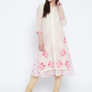 Rangriti Women Off-White  Pink Printed Layered Kurta