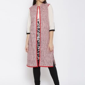 RANGMANCH BY PANTALOONS Women Red  Cream-Coloured Checked Straight Kurta