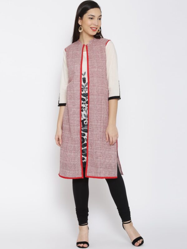 RANGMANCH BY PANTALOONS Women Red  Cream-Coloured Checked Straight Kurta