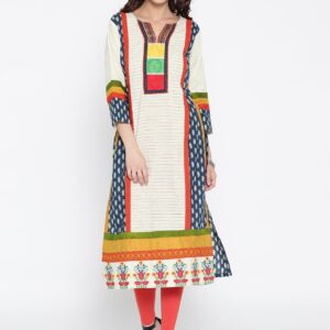 Sabhyata Women Off-White  Navy Blue Printed Straight Kurta